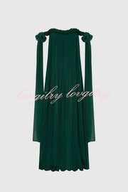 Fairy Spirit Tulle Braided Neckline Tie Arm Straps Pleated Maxi Dress