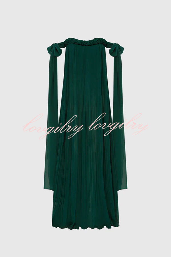 Fairy Spirit Tulle Braided Neckline Tie Arm Straps Pleated Maxi Dress