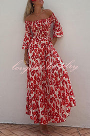 Close To The Vacation Floral Print Smocked Off Shoulder Pocketed Maxi Dress