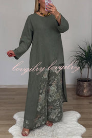 Linen Blend Crew Neck Long Sleeve Irregular Loose Top and Elastic Waist Floral Print Casual Pocket Set
