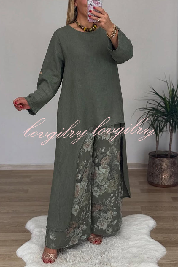 Linen Blend Crew Neck Long Sleeve Irregular Loose Top and Elastic Waist Floral Print Casual Pocket Set