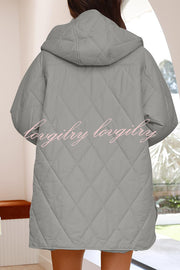 Diamond Quilted Button Pocket Hooded Long Sleeve Coat