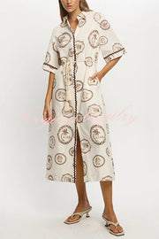 Resort Style Print Lapel Short Sleeves Casual Pocket Waist Tie Loose Midi Dress