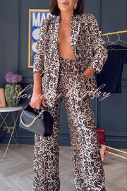 Wild Lifestyle Leopard Print Lapel Blazer and Elastic Waist Pocketed Wide Leg Pants Set