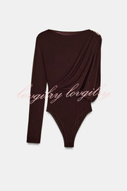 After Party Energy Brooch Detail One Sleeve Ruched Drape Stretch Bodysuit