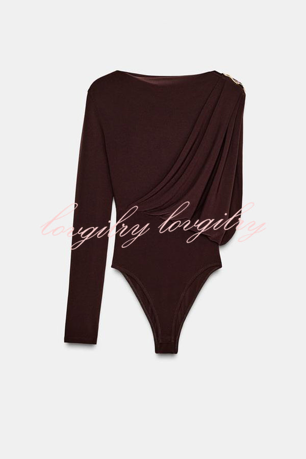 After Party Energy Brooch Detail One Sleeve Ruched Drape Stretch Bodysuit