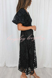 Solid Color V-neck Waist Slim Fit Hollow Lace Maxi Dress