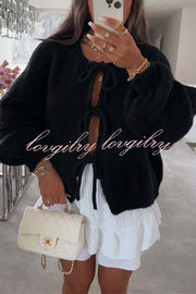 Solid Color Long-sleeved V-neck Lace-up Loose Knitted Sweater