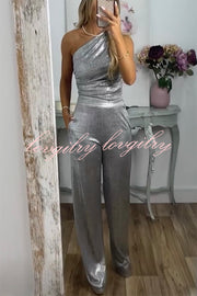 Shining Moment Metallic Fabric One Shoulder Ruched Tank and Pocketed Loose Stretch Pants Set