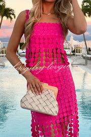 Caitlin See Through Circle Embroidery Square Neck Tassle Hem Slip Tank