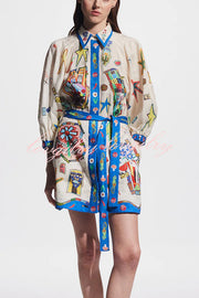 Linen Blend Unique Printed Balloon Sleeve Pocket Tie Waist Mini Dress