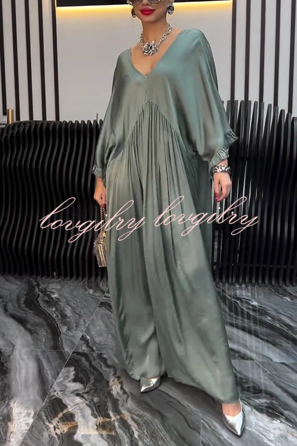 Satin Solid Color V-neck Lotus Leaf Sleeve Loose Pleated Maxi Dress