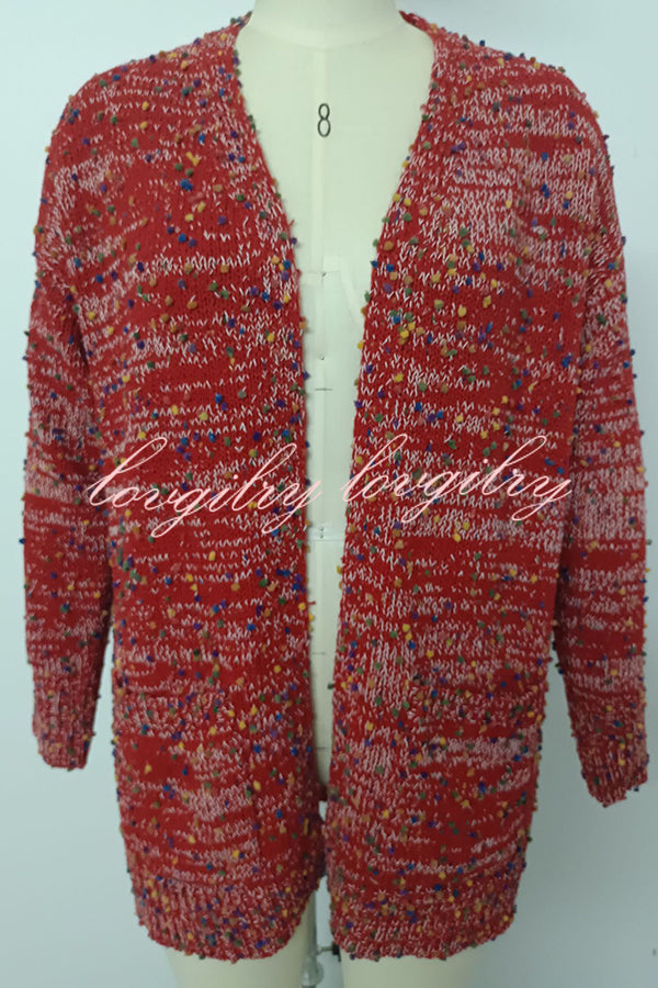 Aminga Colorful Spotted Pocket Crochet Long Sleeved Cardigan