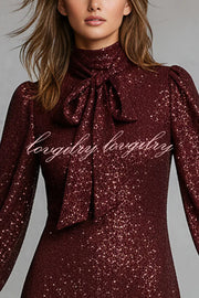 Gift for Me Sequin High Neck Bow Tie Long Lantern Sleeve Party Mini Dress