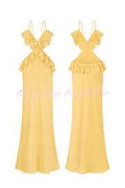 Date Night Sexy Satin Chiffon Ruffle Trim Removable Slip Maxi Dress