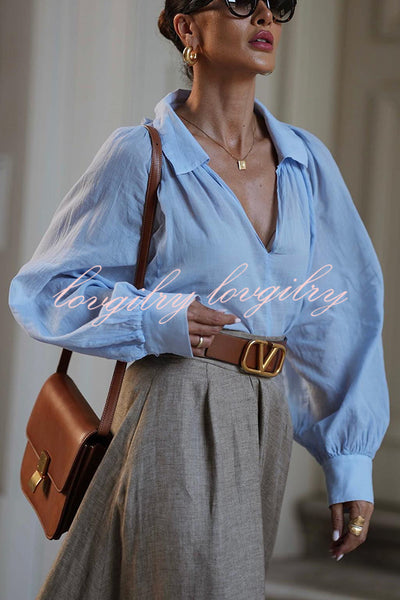 All Round Comfort Linen Blend V-neck Balloon Sleeve Loose Blouse