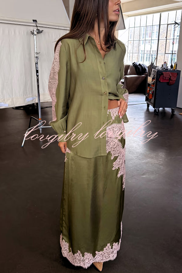 Eye-catching Work Contrast Color Satin Lace Trim Mid Rise Maxi Skirt