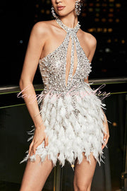 Stylish Sequined Sleeveless Feather-embellished Slim-fit Mini Dress
