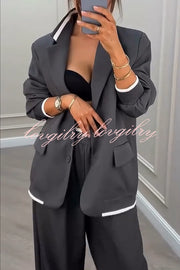 Fashion Sports Style Ribbed Colorblock Lapel Blazer and Elastic Waist Pocket Loose Pants Set
