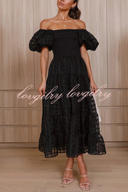 Solid Color Off-shoulder Lantern Sleeve Patchwork Midi Dress