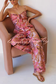 Botanical Print Strappy Resort Style Wide-leg Pants Jumpsuit