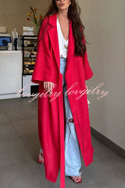 Linen Blend Solid Color Casual Lapel Tie Loose Maxi Dress