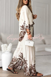 Botanical Print Loose Long-sleeved Shirt and Elastic Waist Pocket Casual Wide-leg Pants