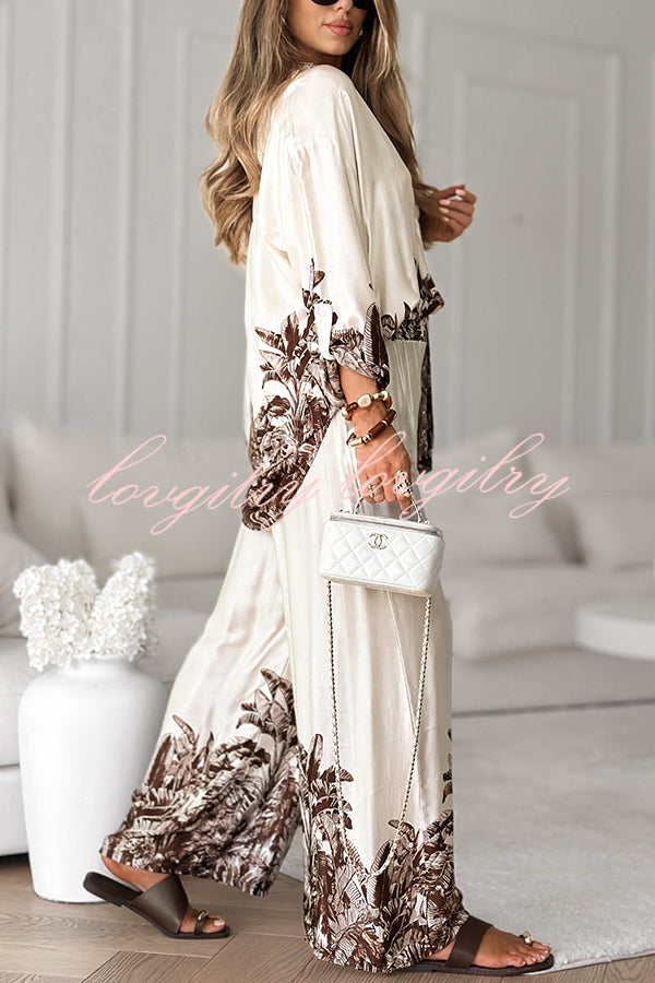 Botanical Print Loose Long-sleeved Shirt and Elastic Waist Pocket Casual Wide-leg Pants