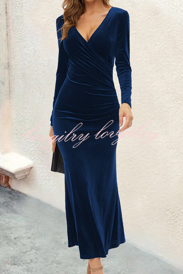 Solid Color Velvet Long Sleeve V-neck Slim Fit Fishtail Maxi Dress