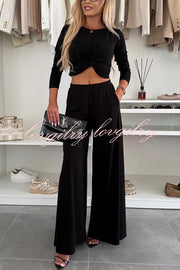 Solid Color Round Neck Long Sleeve Twist Crop Top and Elastic Waist Pocket Wide Leg Pants Set