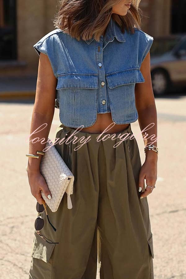 Stylish Weekend Denim Button Up Cape Sleeve Pocket Crop Top