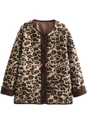 Warm Feel Colorblock Leopard Print Plush Button Up Pocketed Teddy Jacket