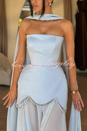 Jiya Satin Petal Hem Pearl Detail Chiffon Cape Strapless Maxi Dress