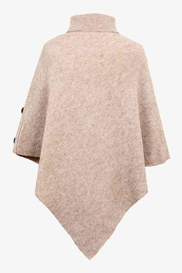 Solid Color Turtleneck Button-embellished Knitted Shawl Cape