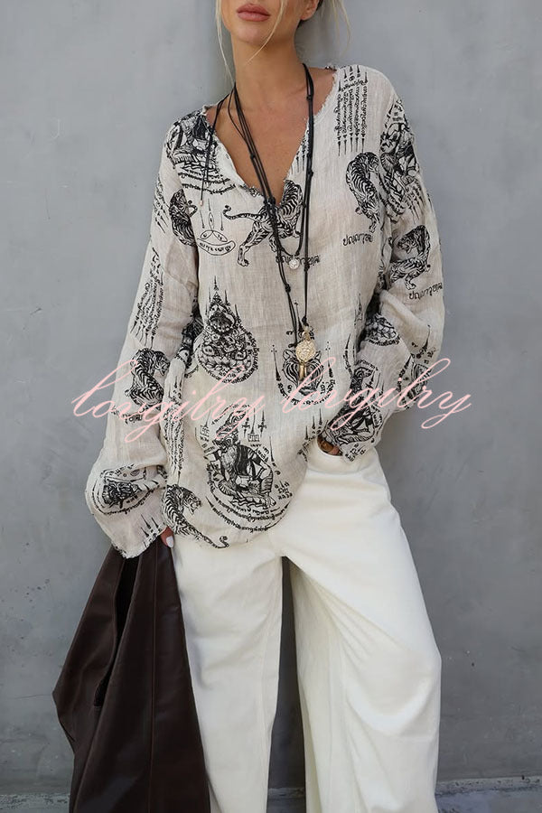 Natural Vibe Linen Blend Unique Print Long Sleeve Loose Shirt