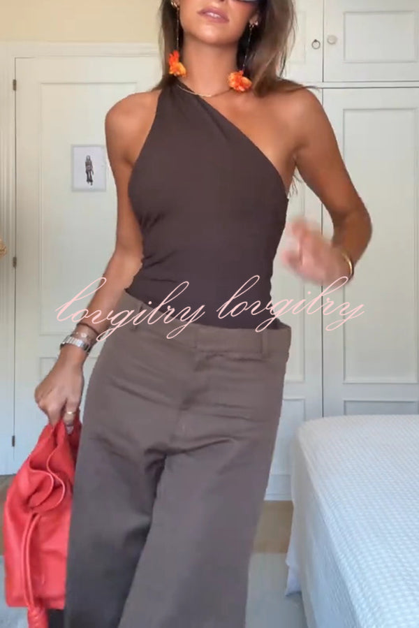 Fashion Slim-fit One-shoulder Stretch Bodysuit and Casual Side-slit Pants Set