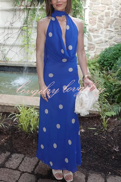 Fashion Polka Dot Print Sexy Halter Neck Backless Maxi Dress