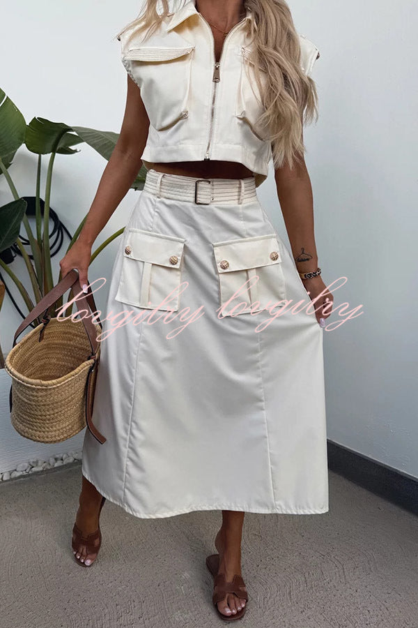 Athleisure Zipper Pocket Sleeveless Jacket and Belted Cargo Midi Skirt Set