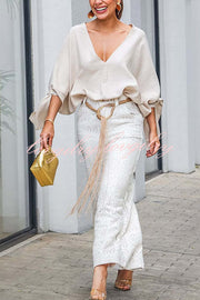 Joyful Bond Linen Blend V-neck Knotted Cuff Half Sleeve Loose Top