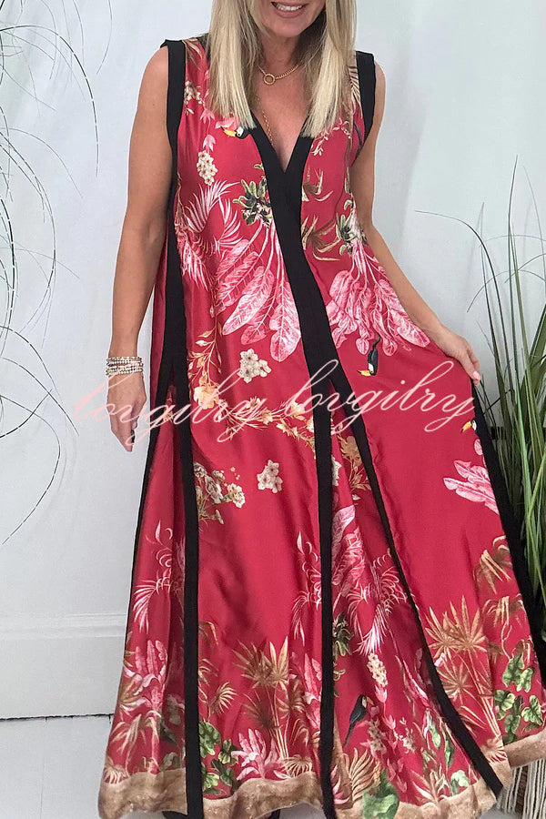 Vanna Unique Tropical Print Black Patchwork Detail A-line Maxi Dress