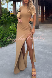 Holiday Party Ribbed Knit Cutout Waist Straps Slit Maxi Dress