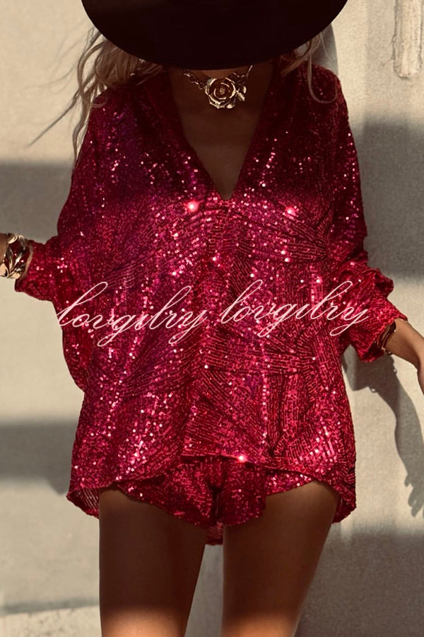 Fashion Sequin V-neck Long Sleeve Loose Top and Elastic Waist Casual Shorts Set