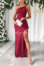 Party Love One Shoulder Ruched Waist Ruffle Slit Maxi Dress