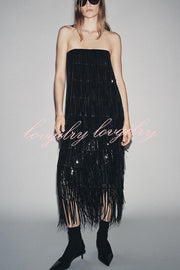 Chic Celebration Layered Sequined Tassels Slip Strapless H-line Midi Dress