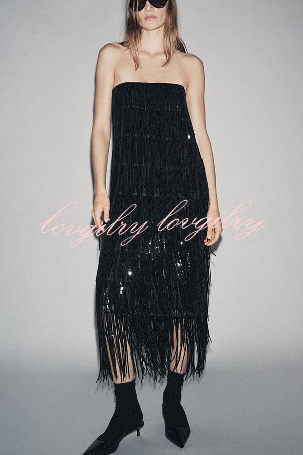 Chic Celebration Layered Sequined Tassels Slip Strapless H-line Midi Dress