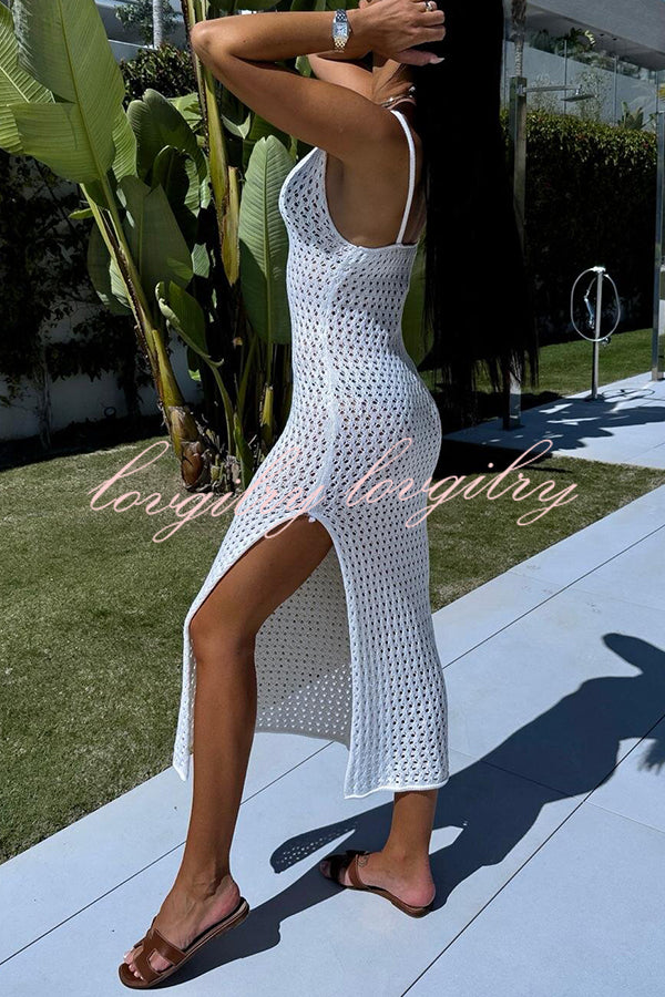 Solid Color V-neck Hollow Beach Knitted Cover-up Midi Dress