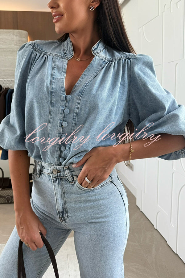 Fashion V-neck Button-down Lantern Sleeve Casual Denim Shirt
