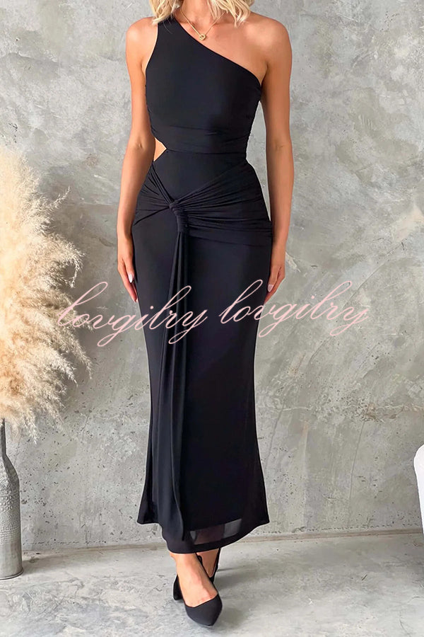 Solid Color Elegant Mesh One Shoulder Sexy Waist Hollow Out Maxi Dress