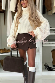 Stylish and Comfortable Ribbed Knit Turtleneck Cable Sleeve Loose Sweater