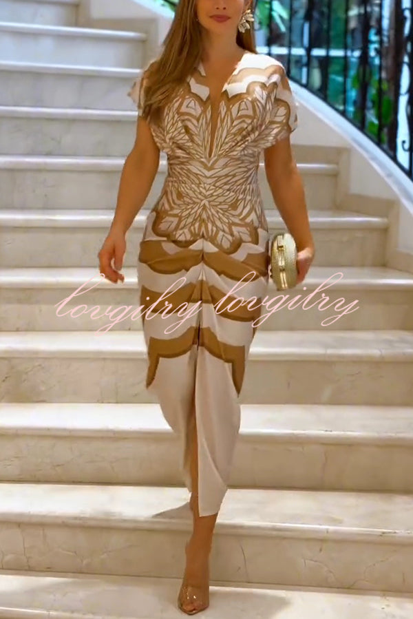 Feona Satin Unique Print V-neck Wide Sleeve Ruched Waist Slit Midi Dress